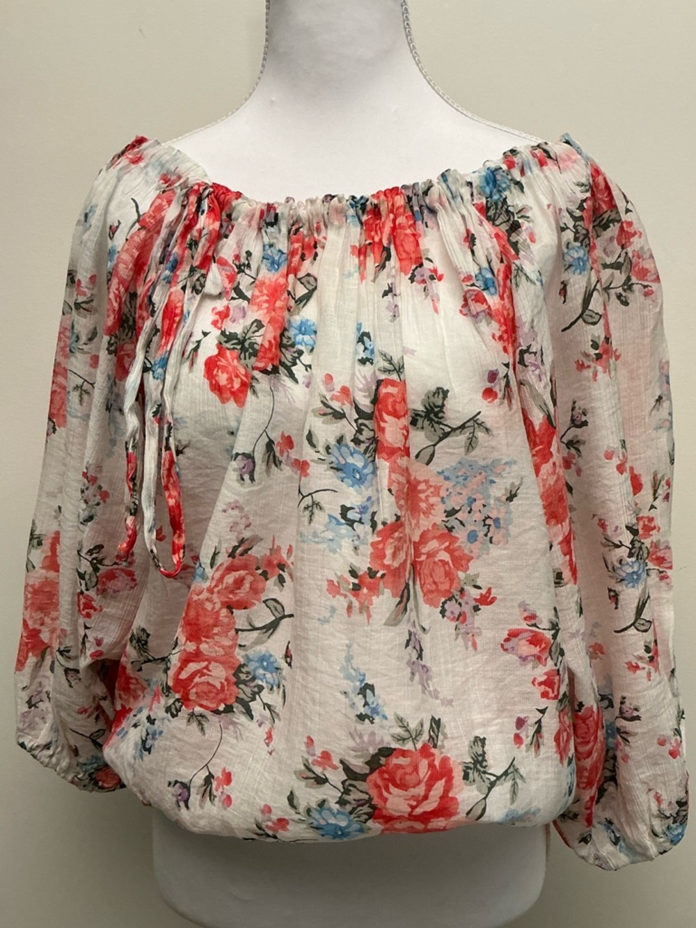 Elan White Off-Shoulder Floral Top with Coral and Blue Blooms